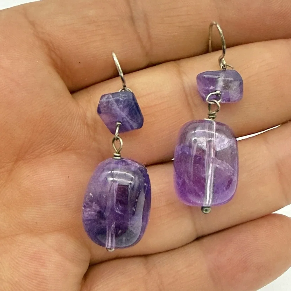 Vtg Sterling Silver Amethyst Earrings Chunky Dangle QVC Designer